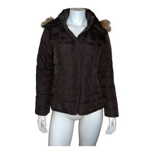 Gap Women's Brown Hooded Puffer Jacket Coat Faux Fur Trim Small EUC